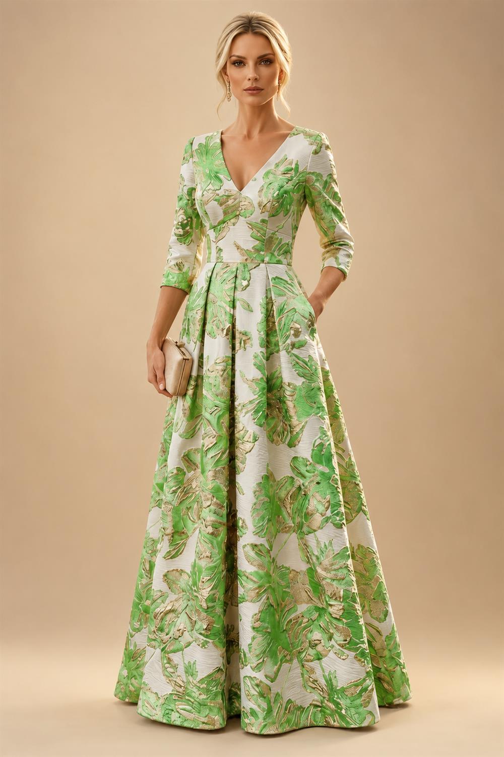 A-Line/Princess Jacquard V-Neck Floor-Length 3/4 Sleeves Mother of the Bride & Groom Dresses with Ruched Waist & Pockets