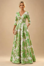 A-Line/Princess Jacquard V-Neck Floor-Length 3/4 Sleeves Mother of the Bride & Groom Dresses with Ruched Waist & Pockets