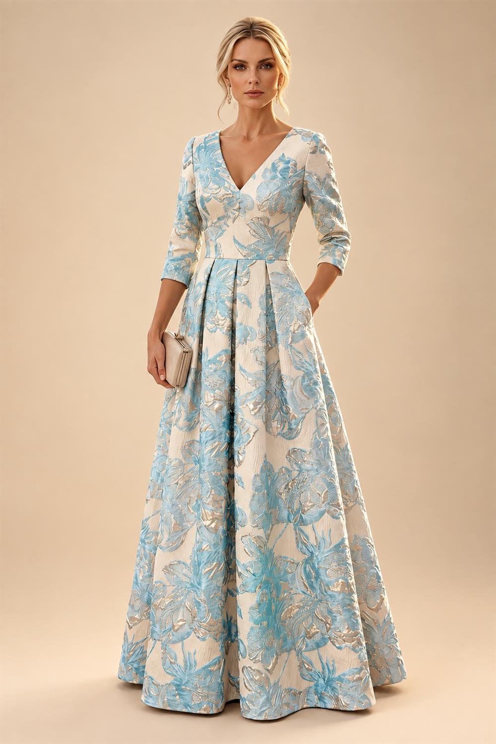A-Line/Princess Jacquard V-Neck Floor-Length 3/4 Sleeves Mother of the Bride & Groom Dresses with Ruched Waist & Pockets