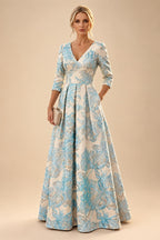 A-Line/Princess Jacquard V-Neck Floor-Length 3/4 Sleeves Mother of the Bride & Groom Dresses with Ruched Waist & Pockets