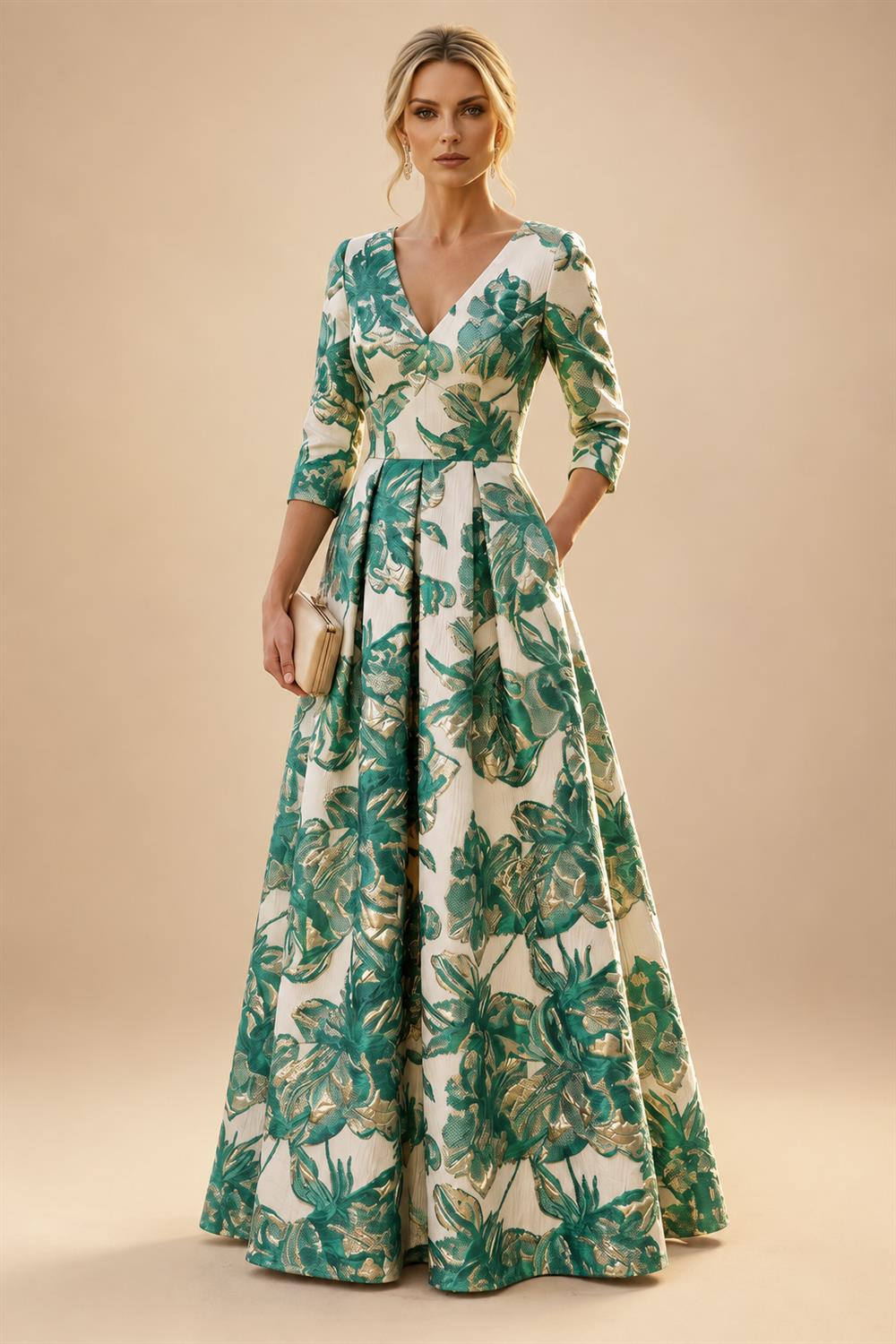 A-Line/Princess Jacquard V-Neck Floor-Length 3/4 Sleeves Mother of the Bride & Groom Dresses with Ruched Waist & Pockets