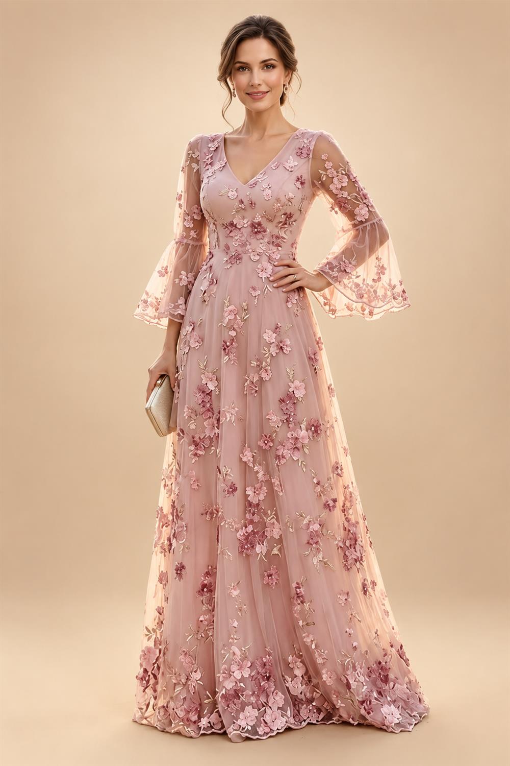 Tulle A-Line/Princess V-Neck Floor-Length Mother of the Bride & Groom Dresses with 3D Flowers (SHI22501351)