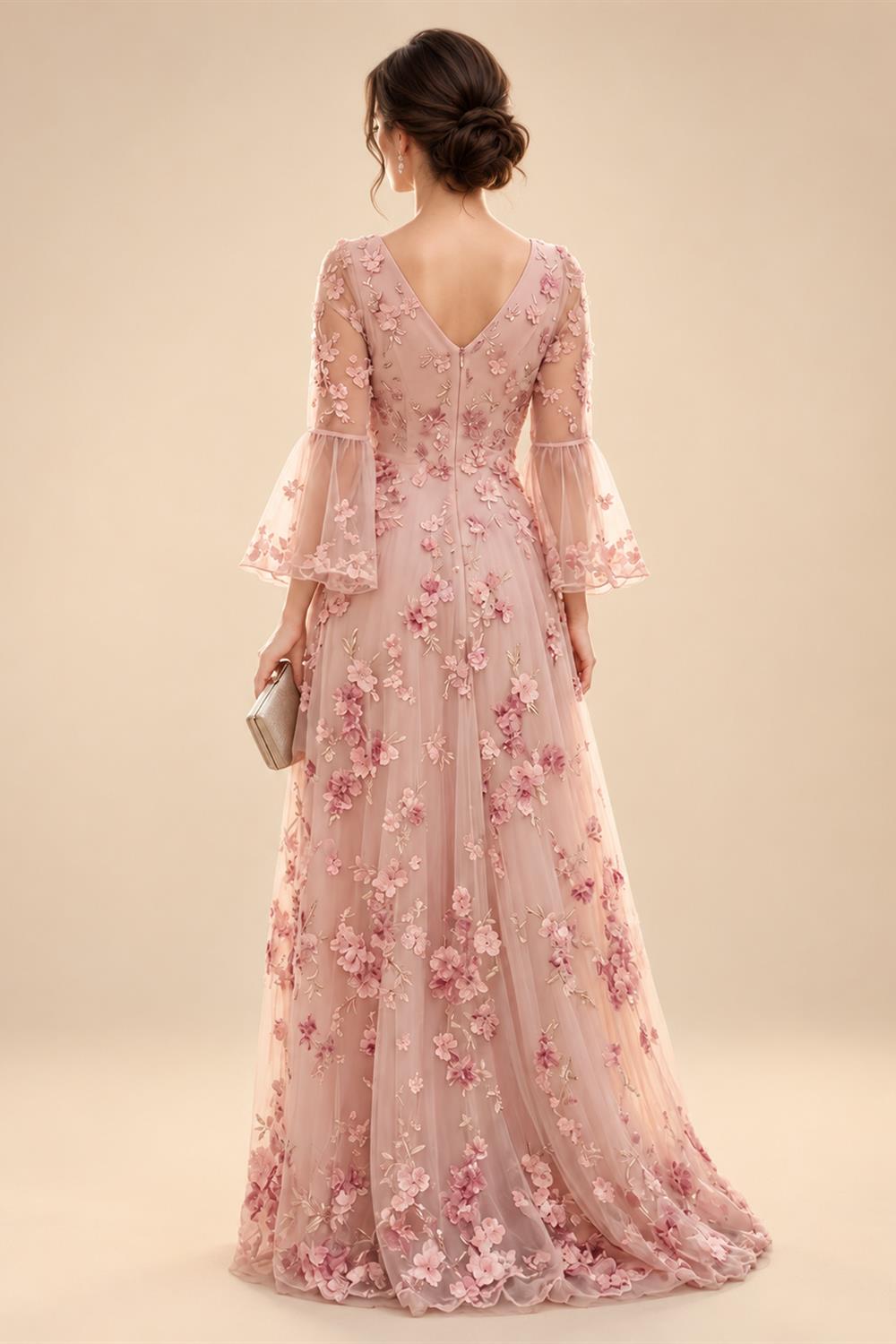 Tulle A-Line/Princess V-Neck Floor-Length Mother of the Bride & Groom Dresses with 3D Flowers (SHI22501351)