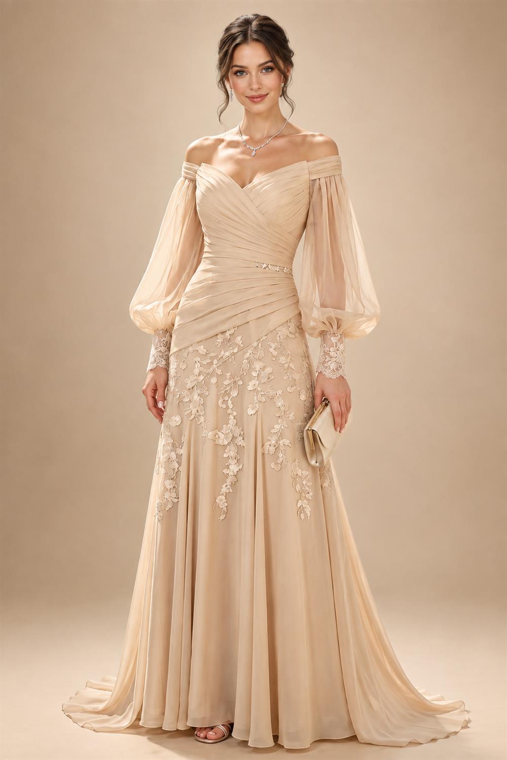 A-Line/Princess Off Shoulder Chiffon Floor-Length Mother of the Bride & Groom Dresses with Lace Appliques & Pleats (SHI22501566)