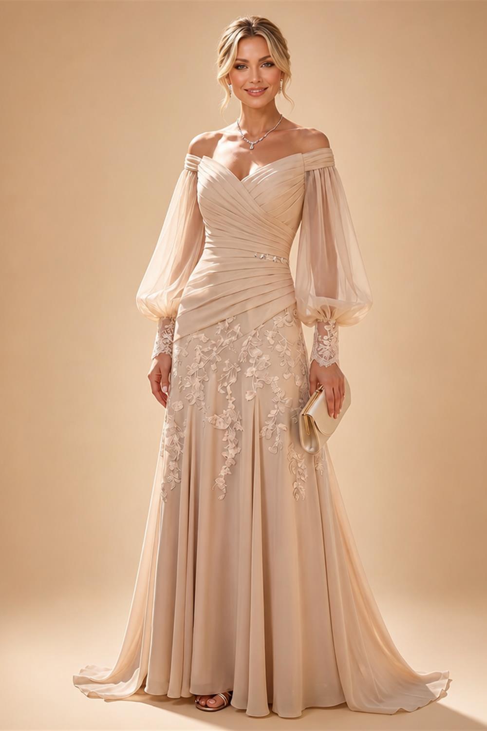 A-Line/Princess V-Neck Chiffon Floor-Length Mother of the Bride & Groom Dresses with Lace Appliques, Sequin & Ruffles (SHI22501608)