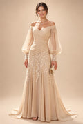 A-Line/Princess Off Shoulder Chiffon Floor-Length Mother of the Bride & Groom Dresses with Lace Appliques & Pleats (SHI22501566)