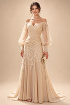 A-Line/Princess Off Shoulder Chiffon Floor-Length Mother of the Bride & Groom Dresses with Lace Appliques & Pleats (SHI22501566)