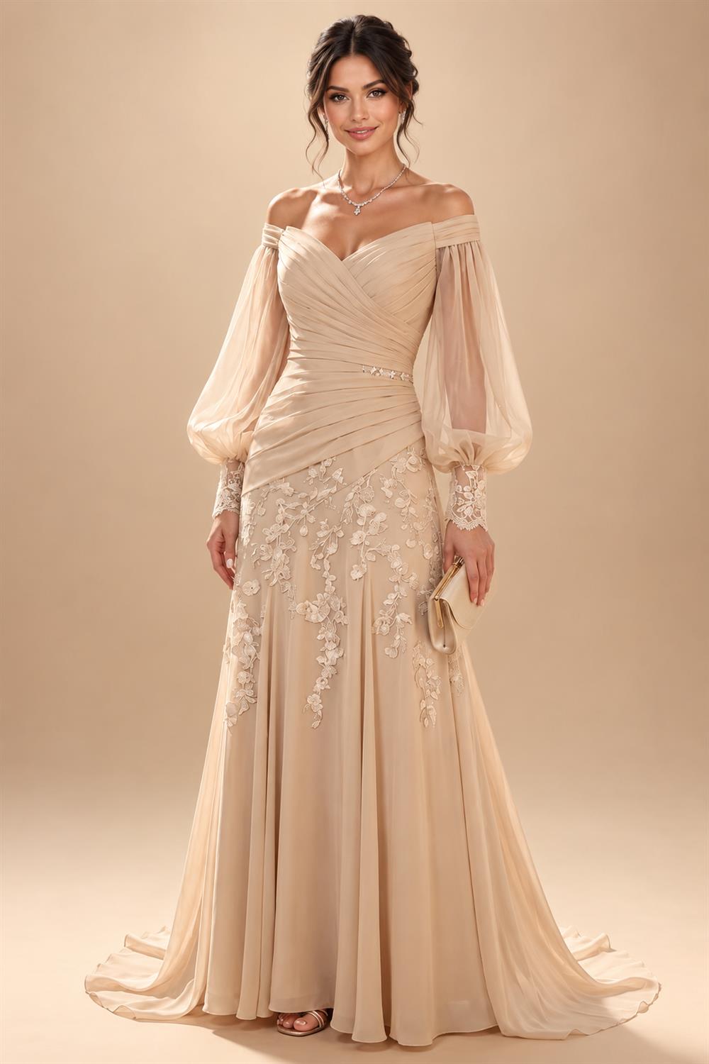 A-Line/Princess V-Neck Chiffon Maxi Mother of the Bride & Groom Dresses with Feather Trim & Pleats (SHI22501651)
