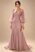 A-Line/Princess Off Shoulder Chiffon Floor-Length Mother of the Bride & Groom Dresses with Lace Appliques & Pleats (SHI22501566)