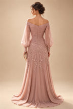A-Line/Princess Off Shoulder Chiffon Floor-Length Mother of the Bride & Groom Dresses with Lace Appliques & Pleats (SHI22501566)