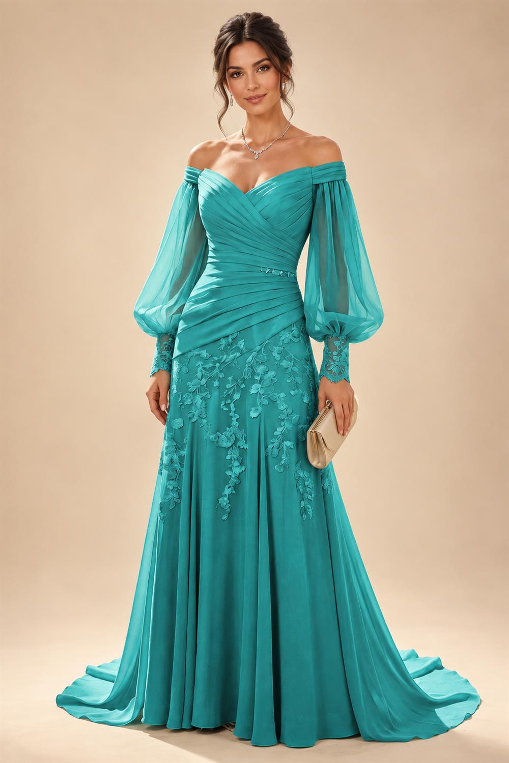 A-Line/Princess Off Shoulder Chiffon Floor-Length Mother of the Bride & Groom Dresses with Lace Appliques & Pleats (SHI22501566)