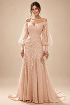 A-Line/Princess Off Shoulder Chiffon Floor-Length Mother of the Bride & Groom Dresses with Lace Appliques & Pleats (SHI22501566)
