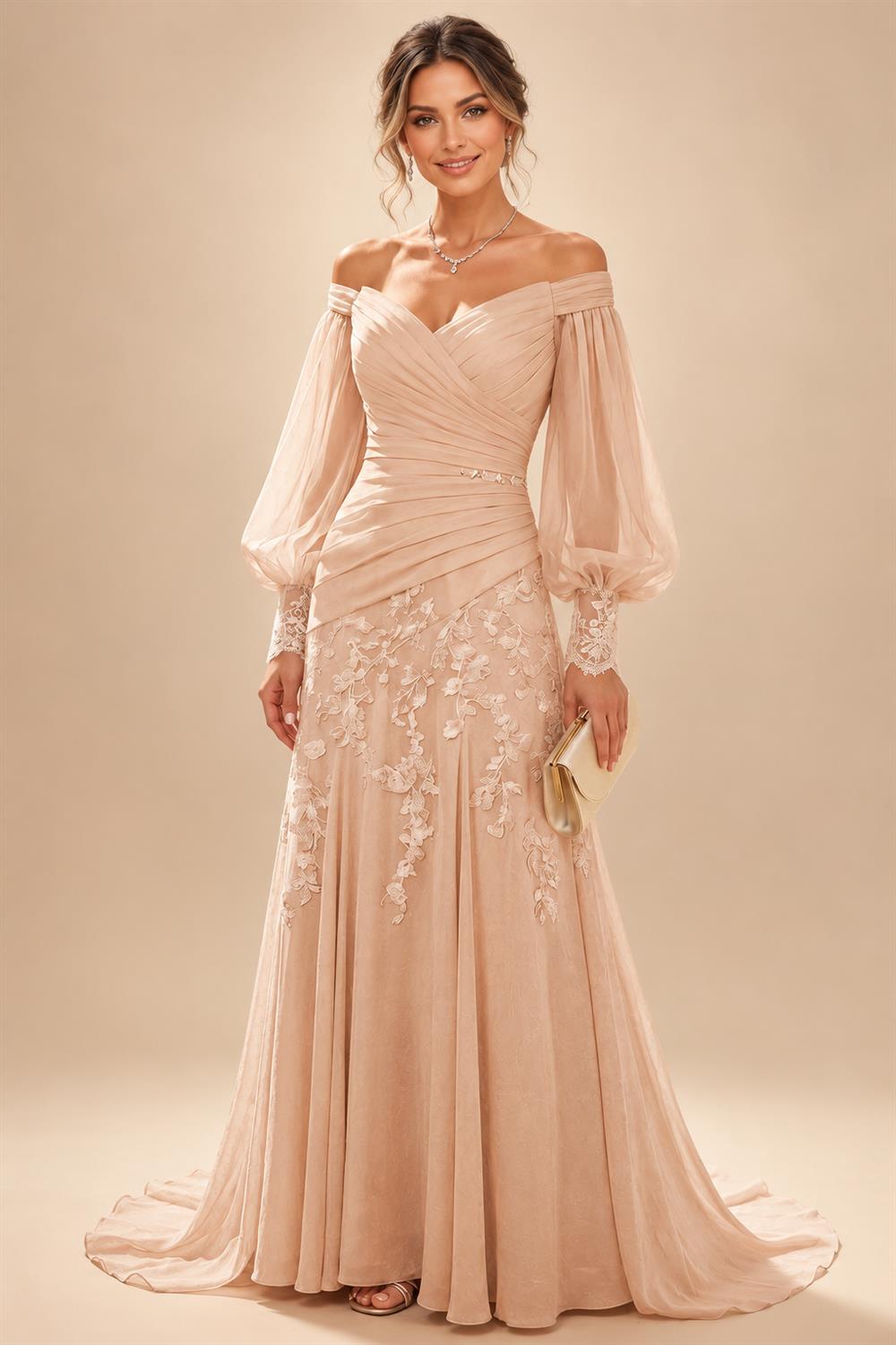 A-Line/Princess Off Shoulder Chiffon Floor-Length Mother of the Bride & Groom Dresses with Lace Appliques & Pleats (SHI22501566)