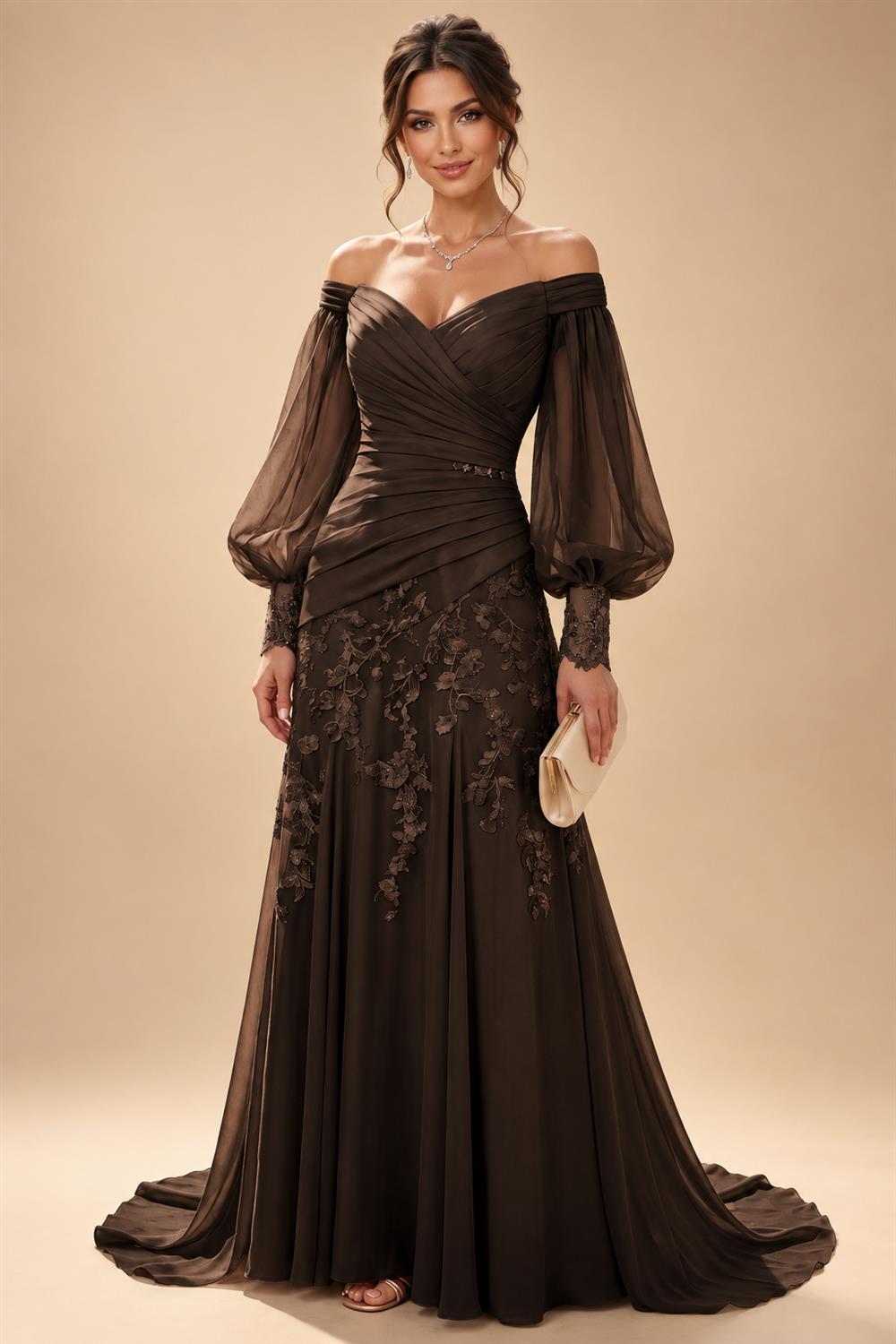 A-Line/Princess Off Shoulder Chiffon Floor-Length Mother of the Bride & Groom Dresses with Lace Appliques & Pleats (SHI22501566)