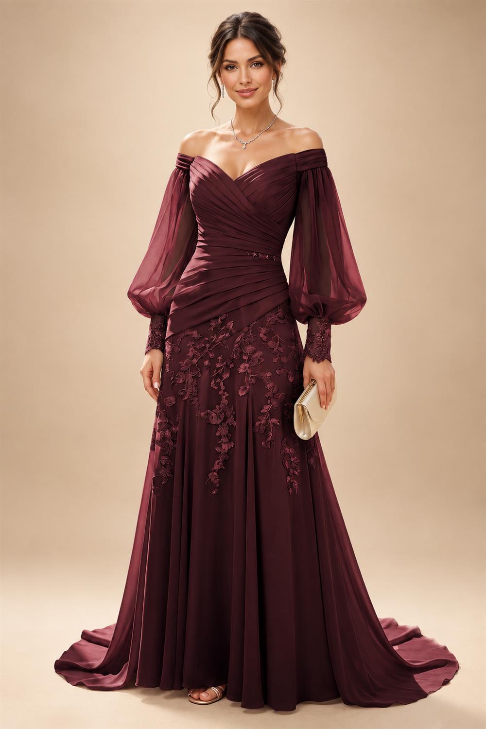 A-Line/Princess Off Shoulder Chiffon Floor-Length Mother of the Bride & Groom Dresses with Lace Appliques & Pleats (SHI22501566)