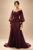 A-Line/Princess Off Shoulder Chiffon Floor-Length Mother of the Bride & Groom Dresses with Lace Appliques & Pleats (SHI22501566)