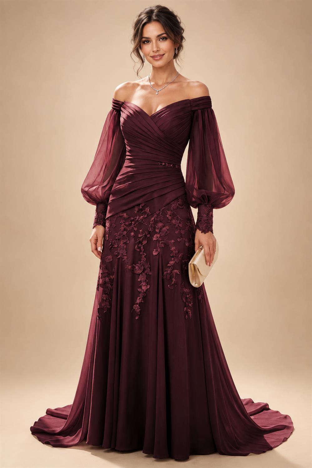 A-Line/Princess Off Shoulder Chiffon Floor-Length Mother of the Bride & Groom Dresses with Lace Appliques & Pleats (SHI22501566)