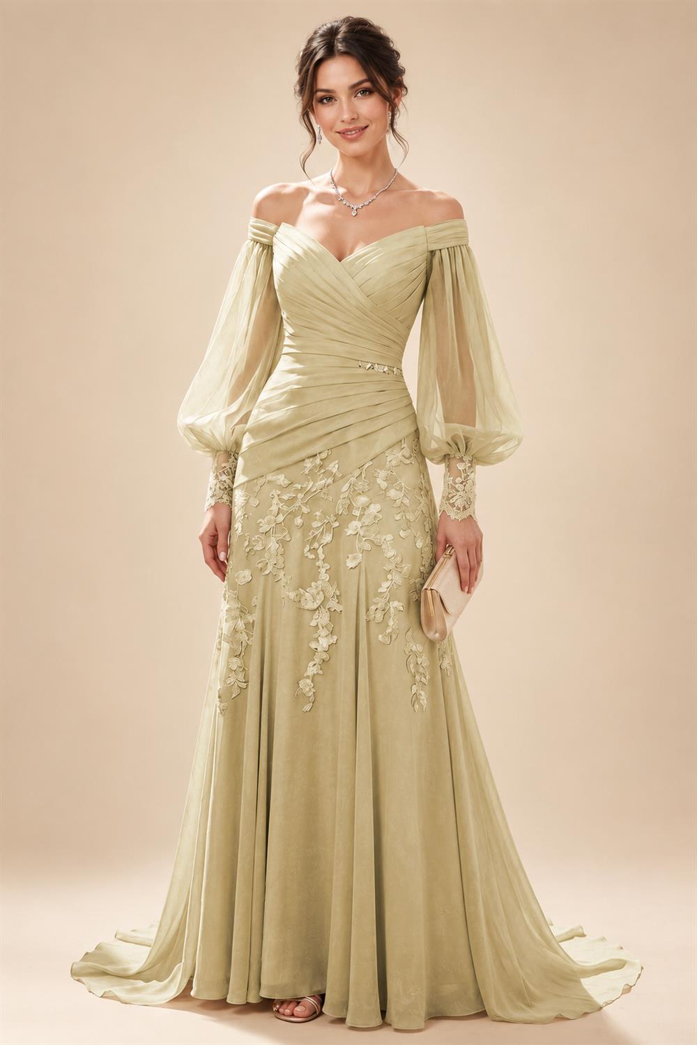 A-Line/Princess Off Shoulder Chiffon Floor-Length Mother of the Bride & Groom Dresses with Lace Appliques & Pleats (SHI22501566)