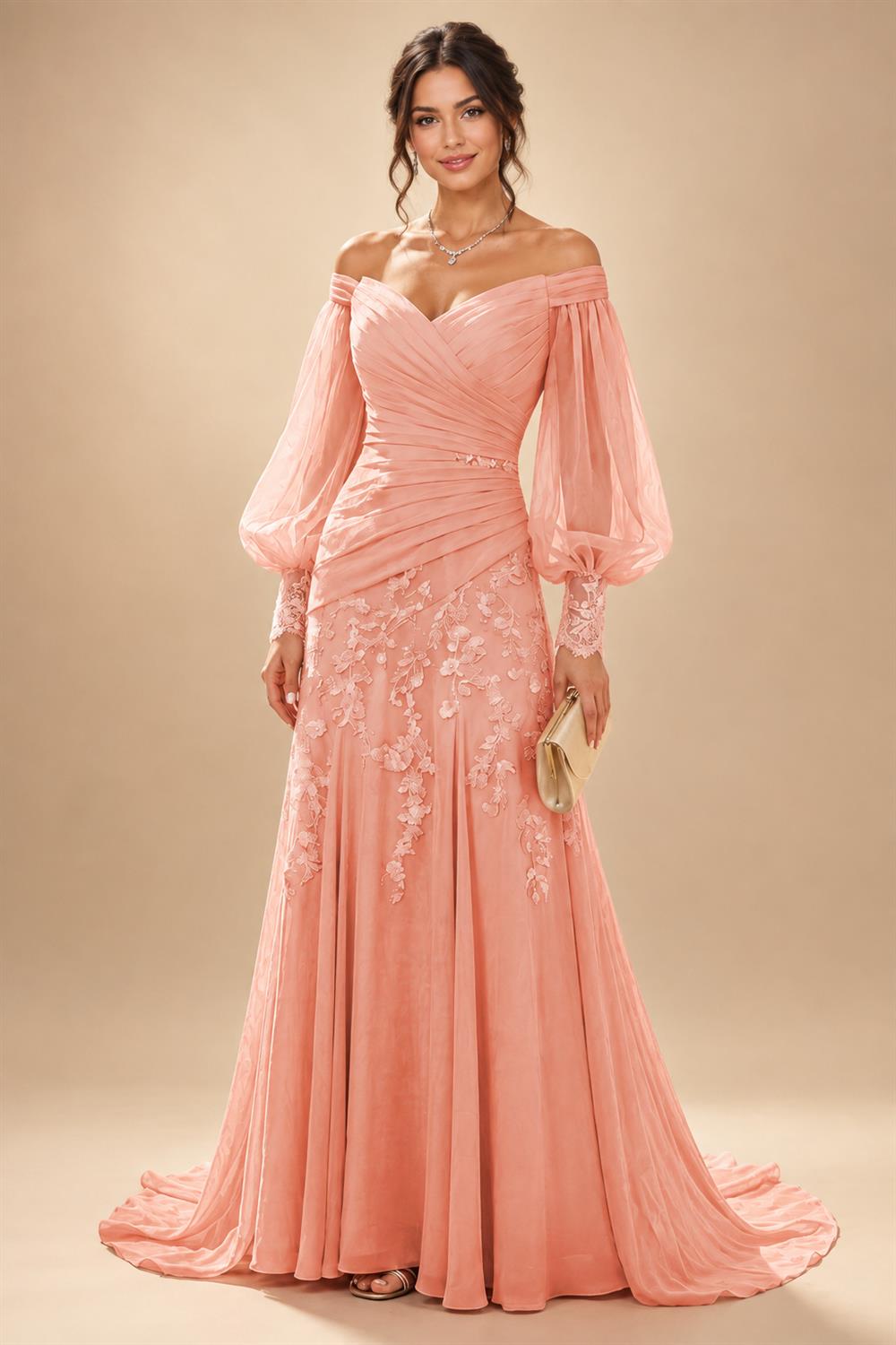 A-Line/Princess Off Shoulder Chiffon Floor-Length Mother of the Bride & Groom Dresses with Lace Appliques & Pleats (SHI22501566)