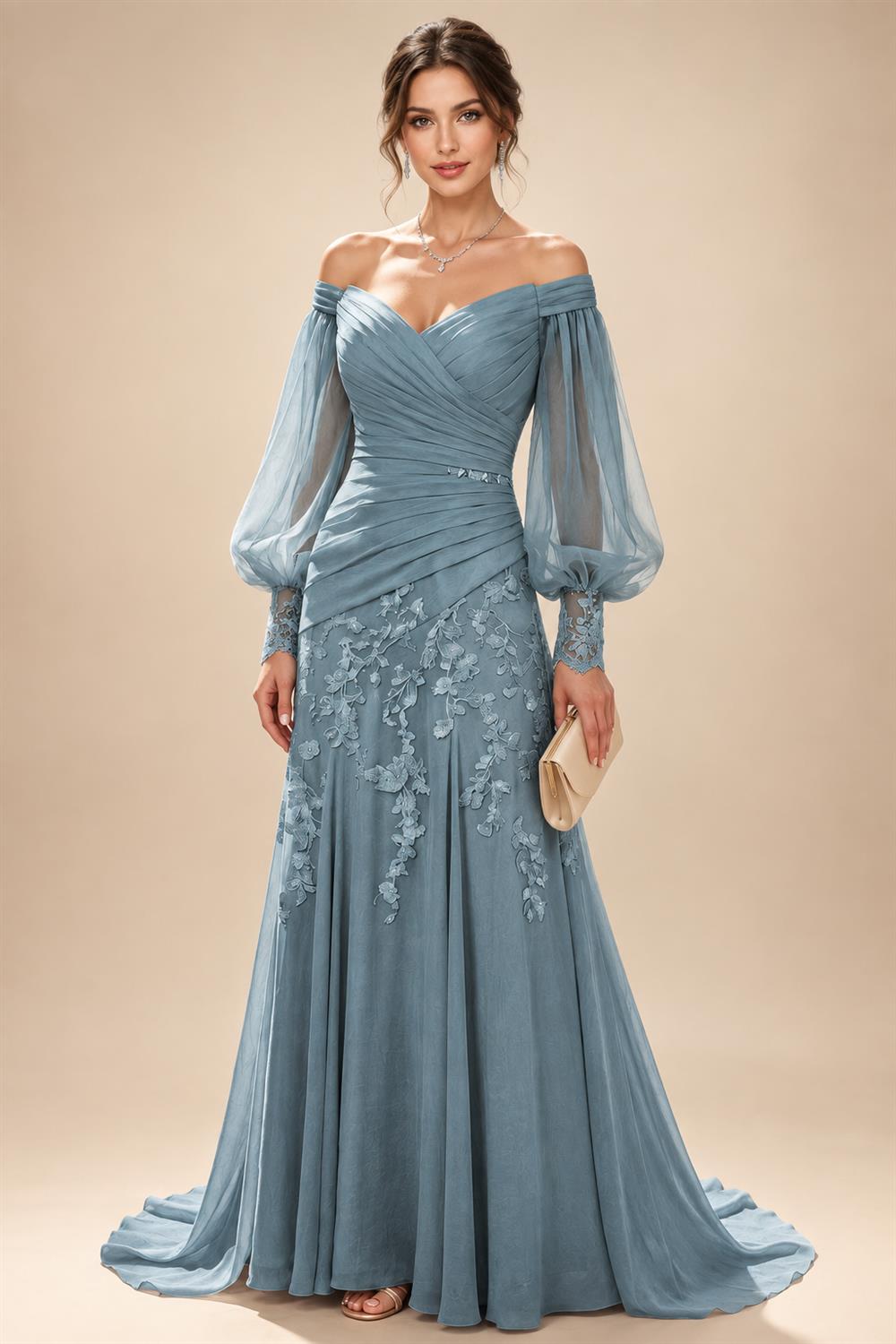 A-Line/Princess Off Shoulder Chiffon Floor-Length Mother of the Bride & Groom Dresses with Lace Appliques & Pleats (SHI22501566)