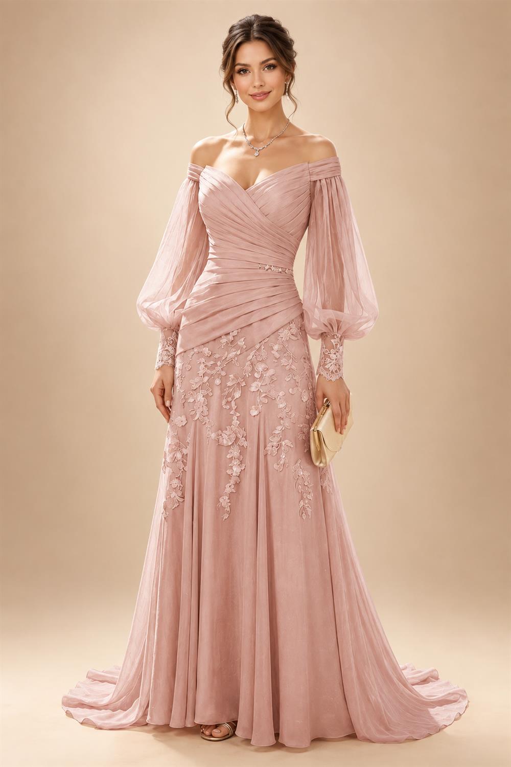 A-Line/Princess Off Shoulder Chiffon Floor-Length Mother of the Bride & Groom Dresses with Lace Appliques & Pleats (SHI22501566)