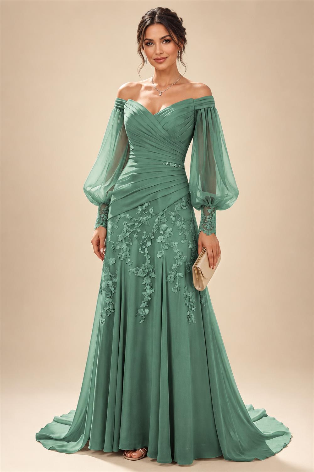 A-Line/Princess Off Shoulder Chiffon Floor-Length Mother of the Bride & Groom Dresses with Lace Appliques & Pleats (SHI22501566)