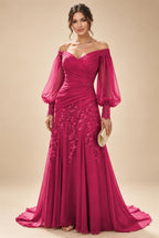 A-Line/Princess Off Shoulder Chiffon Floor-Length Mother of the Bride & Groom Dresses with Lace Appliques & Pleats (SHI22501566)