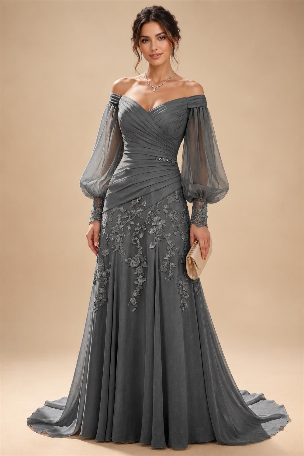 A-Line/Princess Off Shoulder Chiffon Floor-Length Mother of the Bride & Groom Dresses with Lace Appliques & Pleats (SHI22501566)