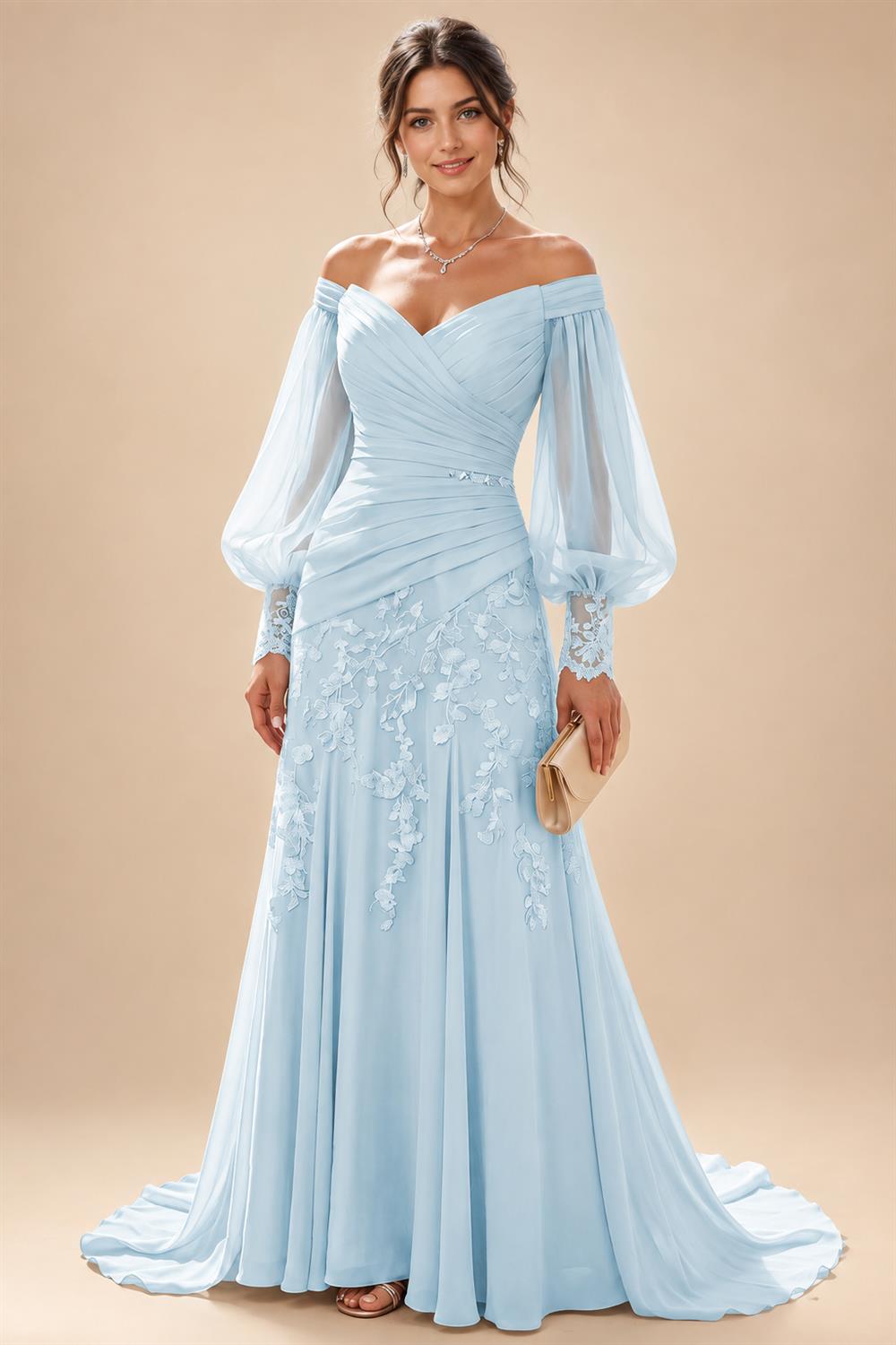 A-Line/Princess Off Shoulder Chiffon Floor-Length Mother of the Bride & Groom Dresses with Lace Appliques & Pleats (SHI22501566)