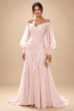 A-Line/Princess Off Shoulder Chiffon Floor-Length Mother of the Bride & Groom Dresses with Lace Appliques & Pleats (SHI22501566)
