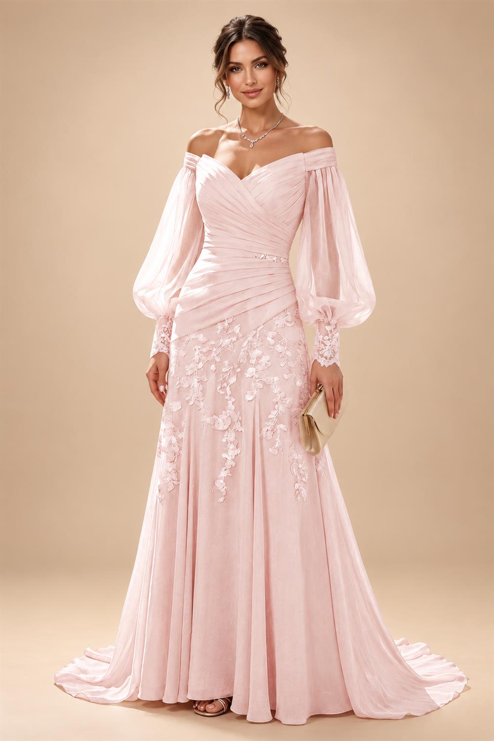 A-Line/Princess Off Shoulder Chiffon Floor-Length Mother of the Bride & Groom Dresses with Lace Appliques & Pleats (SHI22501566)