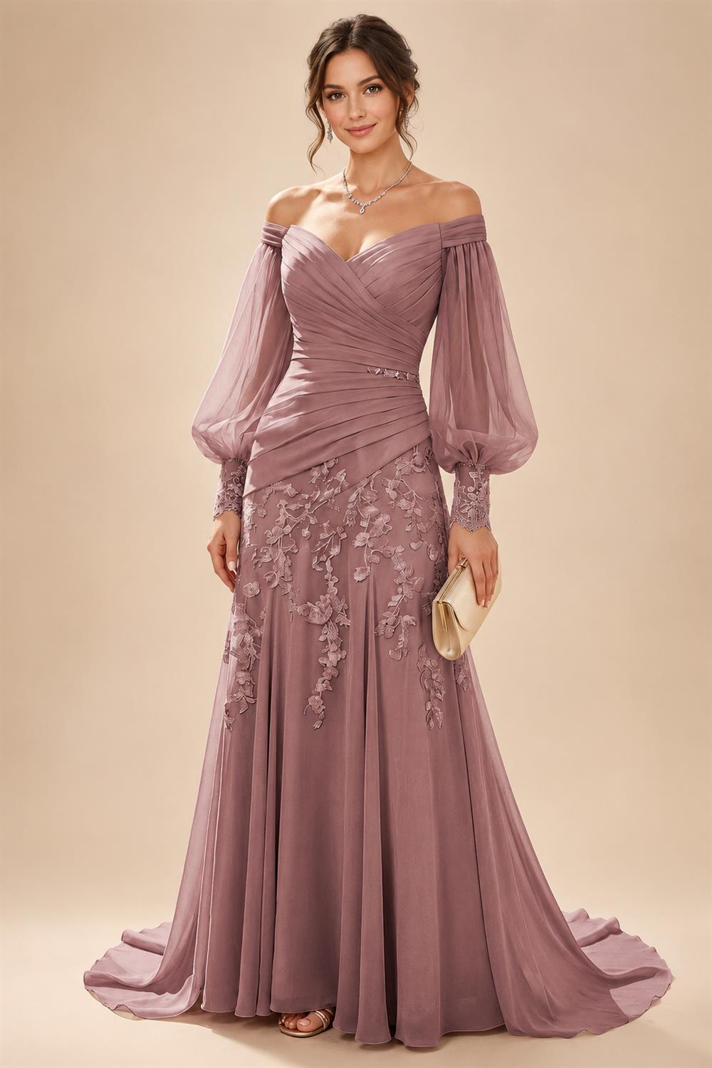 A-Line/Princess Off Shoulder Chiffon Floor-Length Mother of the Bride & Groom Dresses with Lace Appliques & Pleats (SHI22501566)