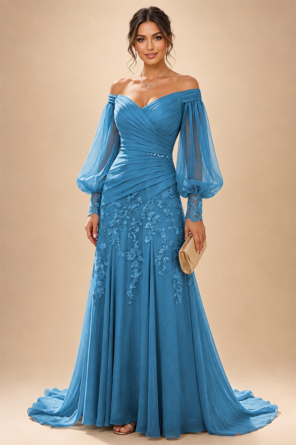 A-Line/Princess Off Shoulder Chiffon Floor-Length Mother of the Bride & Groom Dresses with Lace Appliques & Pleats (SHI22501566)
