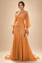 A-Line/Princess Off Shoulder Chiffon Floor-Length Mother of the Bride & Groom Dresses with Lace Appliques & Pleats (SHI22501566)