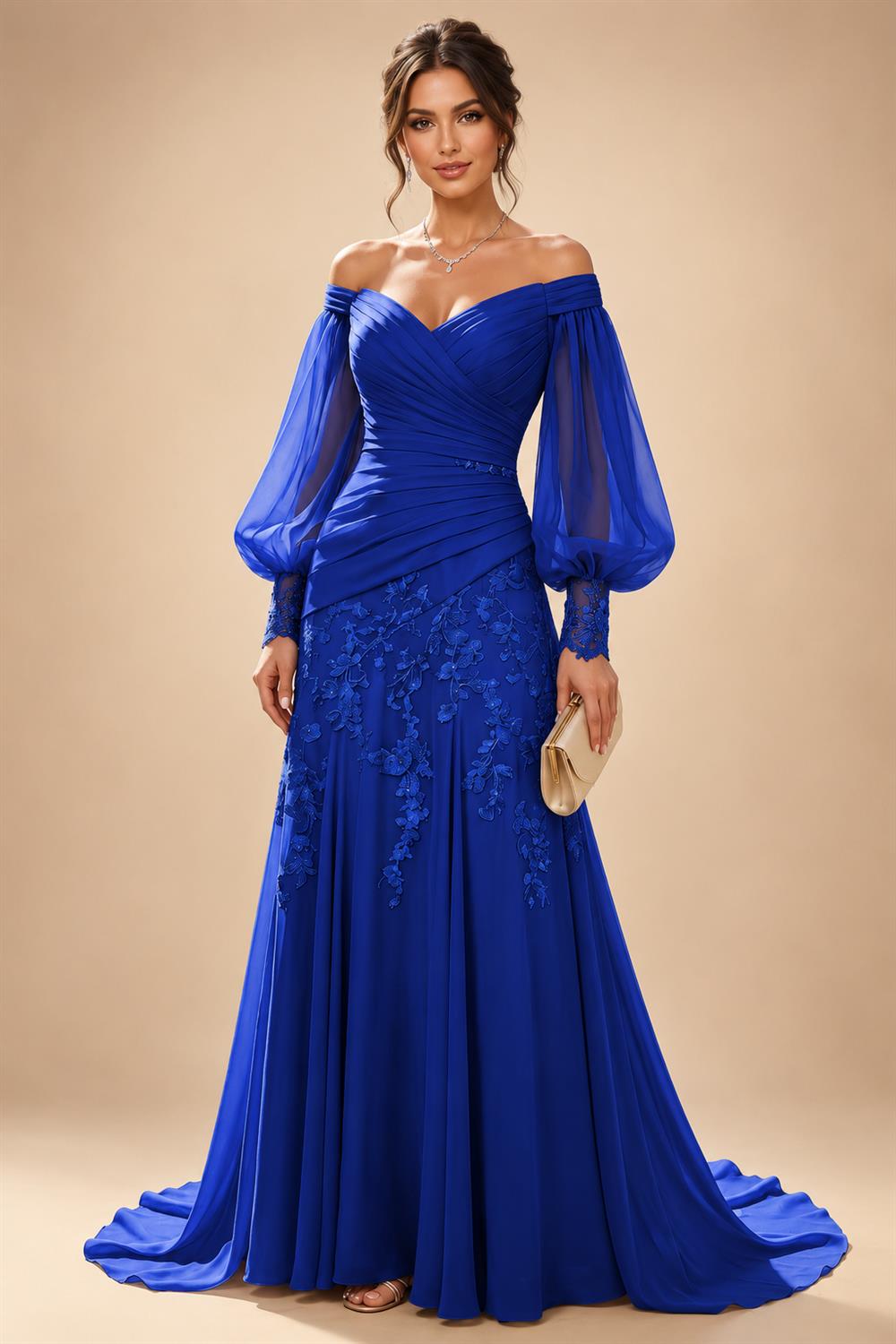 A-Line/Princess Off Shoulder Chiffon Floor-Length Mother of the Bride & Groom Dresses with Lace Appliques & Pleats (SHI22501566)