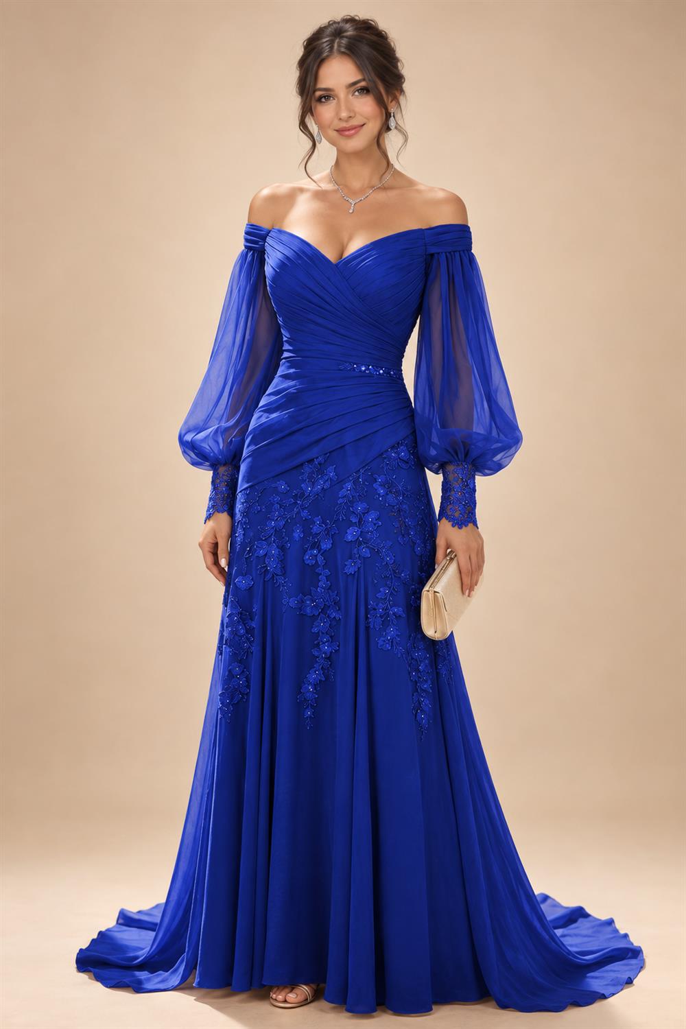 A-Line/Princess Off Shoulder Chiffon Floor-Length Mother of the Bride & Groom Dresses with Lace Appliques & Pleats (SHI22501566)