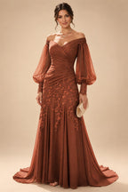 A-Line/Princess Off Shoulder Chiffon Floor-Length Mother of the Bride & Groom Dresses with Lace Appliques & Pleats (SHI22501566)