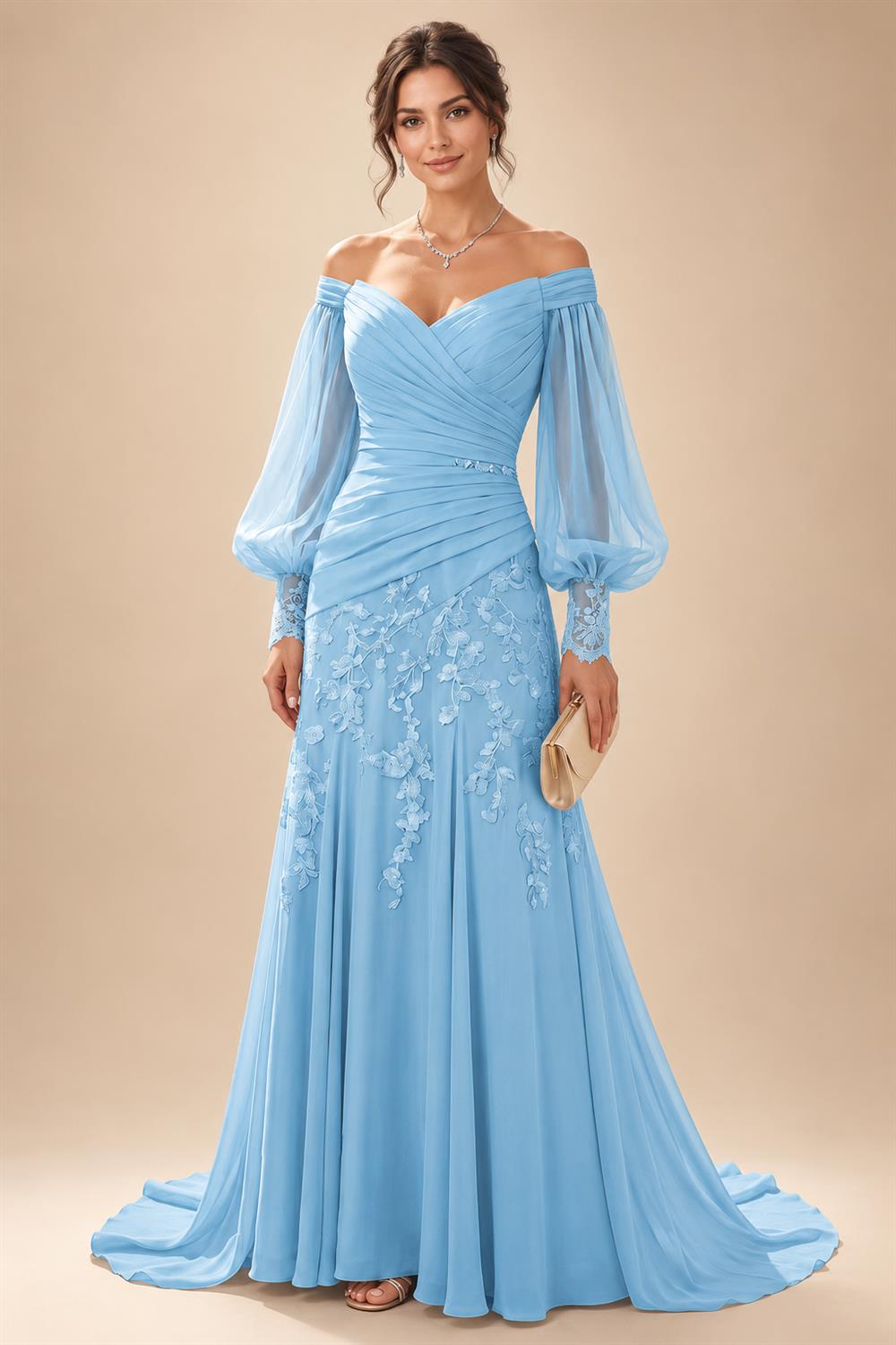 A-Line/Princess Off Shoulder Chiffon Floor-Length Mother of the Bride & Groom Dresses with Lace Appliques & Pleats (SHI22501566)