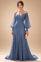 A-Line/Princess Off Shoulder Chiffon Floor-Length Mother of the Bride & Groom Dresses with Lace Appliques & Pleats (SHI22501566)