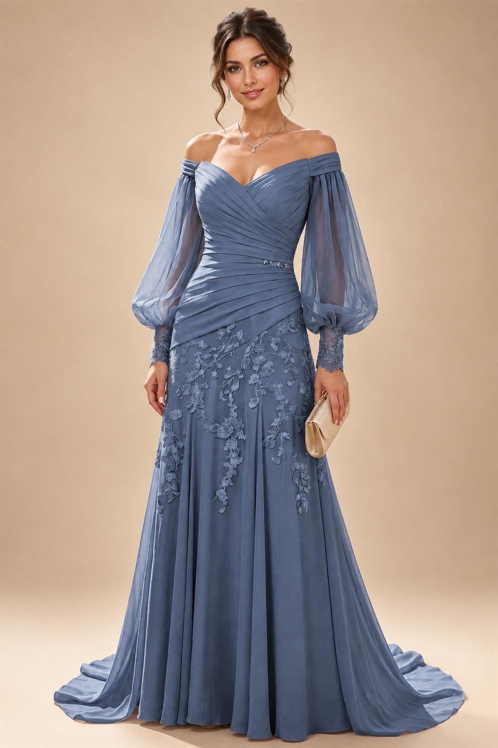 A-Line/Princess Off Shoulder Chiffon Floor-Length Mother of the Bride & Groom Dresses with Lace Appliques & Pleats (SHI22501566)