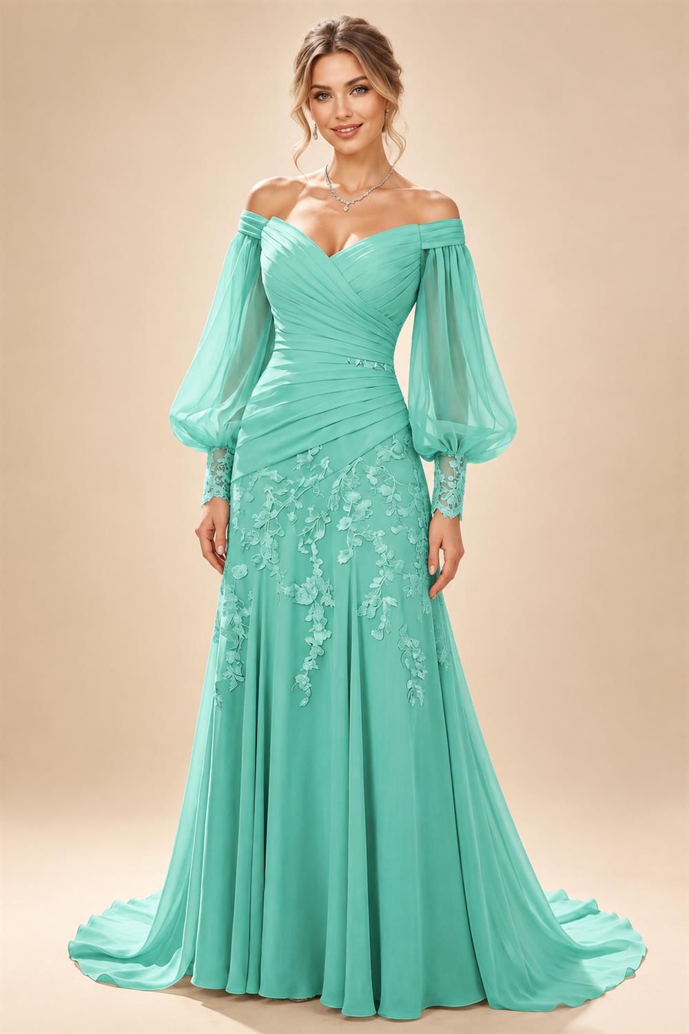 A-Line/Princess Off Shoulder Chiffon Floor-Length Mother of the Bride & Groom Dresses with Lace Appliques & Pleats (SHI22501566)