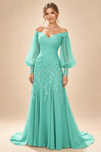 A-Line/Princess Off Shoulder Chiffon Floor-Length Mother of the Bride & Groom Dresses with Lace Appliques & Pleats (SHI22501566)
