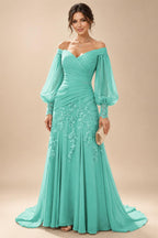 A-Line/Princess Off Shoulder Chiffon Floor-Length Mother of the Bride & Groom Dresses with Lace Appliques & Pleats (SHI22501566)