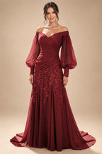 A-Line/Princess Off Shoulder Chiffon Floor-Length Mother of the Bride & Groom Dresses with Lace Appliques & Pleats (SHI22501566)