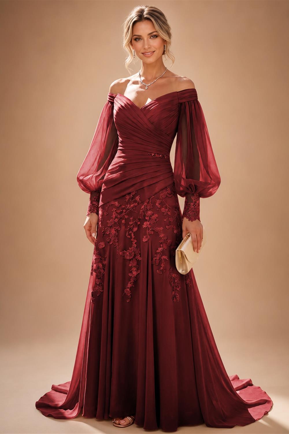 A-Line/Princess Off Shoulder Chiffon Floor-Length Mother of the Bride & Groom Dresses with Lace Appliques & Pleats (SHI22501566)