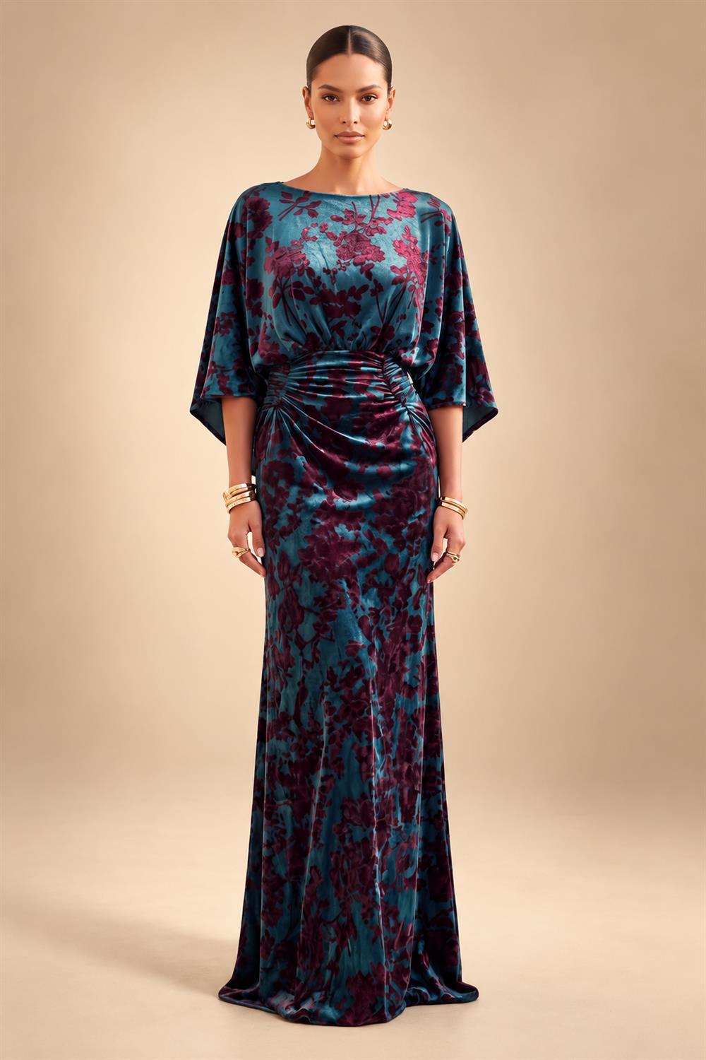 A-Line/Princess V-Neck Chiffon Maxi Mother of the Bride & Groom Dresses with Lace Appliques, Sweep Train, Ruffles, 3D Flowers & Ruched Waist (SHI22501653)