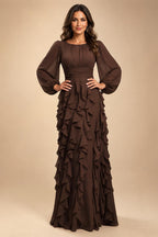 A-Line/Princess Scoop Neck Chiffon Maxi Mother of the Bride & Groom Dresses with 3D Flowers, Sweep Train & Pleats (SHI22501627)