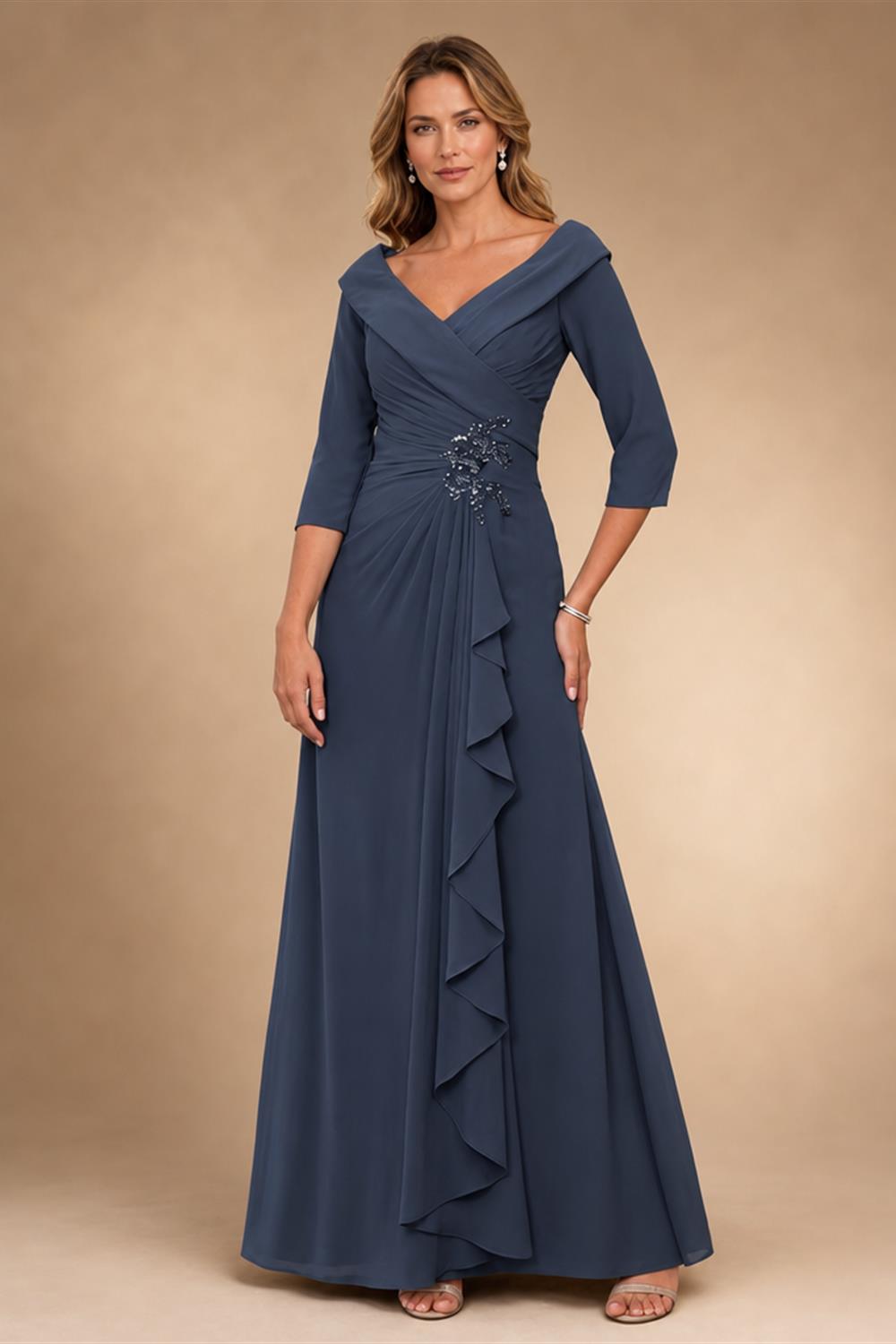 A-Line/Princess V-Neck Chiffon Floor-Length Mother of the Bride & Groom Dresses with Lace Appliques, Sequin & Ruffles (SHI22501608)