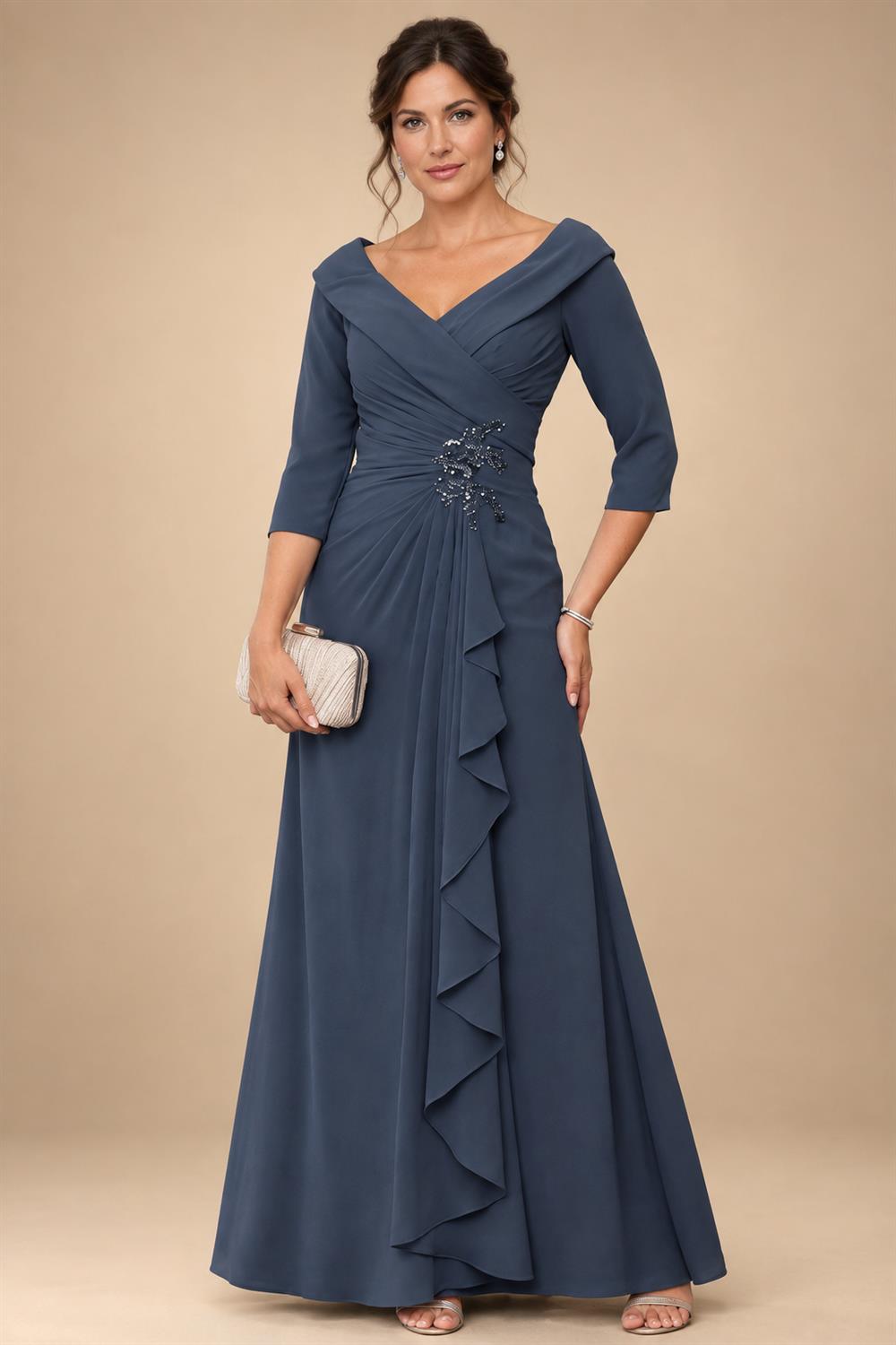 A-Line/Princess V-Neck Chiffon Floor-Length Mother of the Bride & Groom Dresses with Lace Appliques, Sequin & Ruffles (SHI22501608)