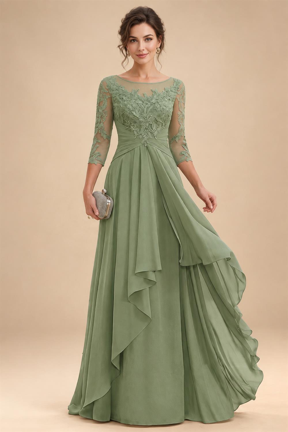 A-Line/Princess Scoop Neck Chiffon Floor-Length Mother of the Bride & Groom Dresses with Lace Appliques & Pleats (SHI22501611)